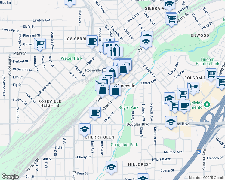 map of restaurants, bars, coffee shops, grocery stores, and more near 400 Vernon Street in Roseville