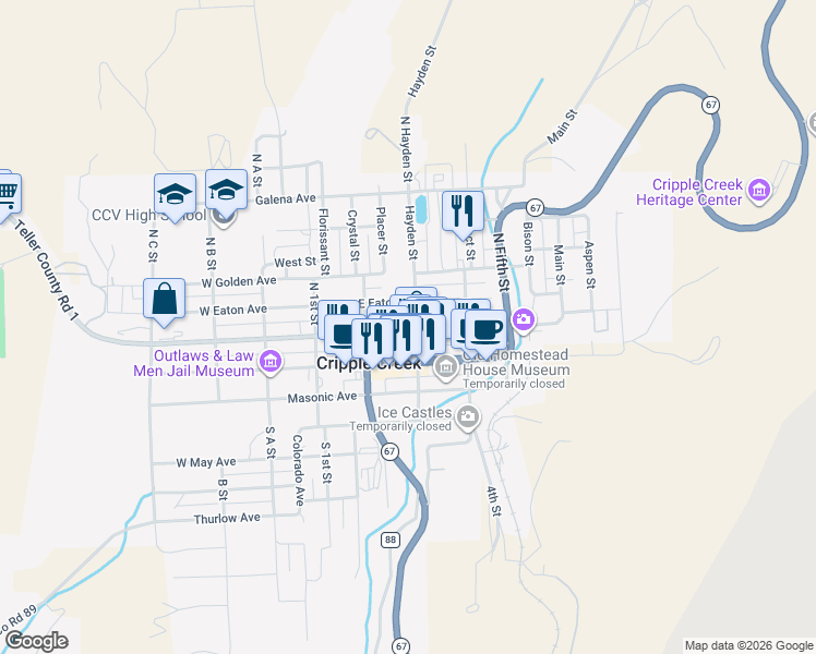 map of restaurants, bars, coffee shops, grocery stores, and more near 273 East Carr Avenue in Cripple Creek