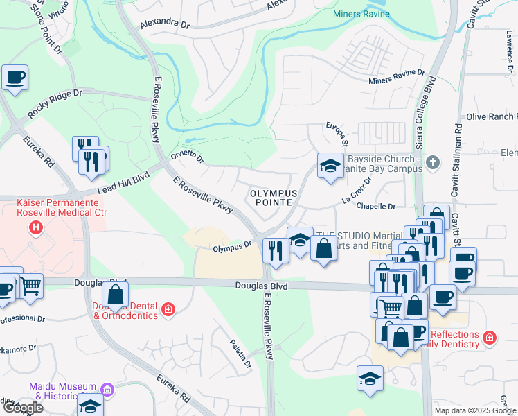 map of restaurants, bars, coffee shops, grocery stores, and more near 1757 Grazziani Way in Roseville