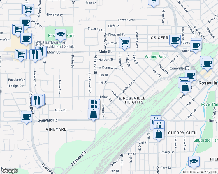 map of restaurants, bars, coffee shops, grocery stores, and more near 249 Fig Street in Roseville