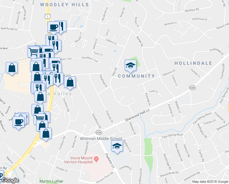map of restaurants, bars, coffee shops, grocery stores, and more near 7711 Elba Road in Alexandria