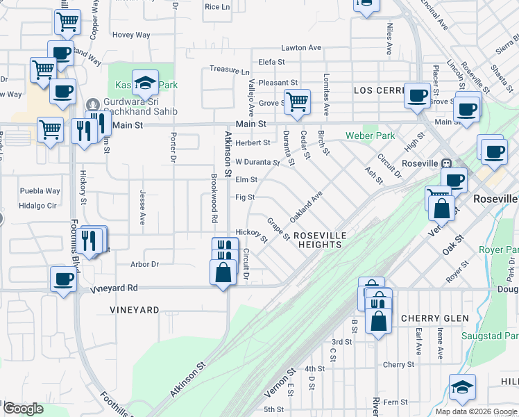 map of restaurants, bars, coffee shops, grocery stores, and more near 249 Fig Street in Roseville