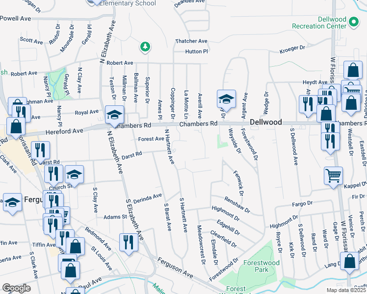 map of restaurants, bars, coffee shops, grocery stores, and more near 902 Chambers Road in Ferguson