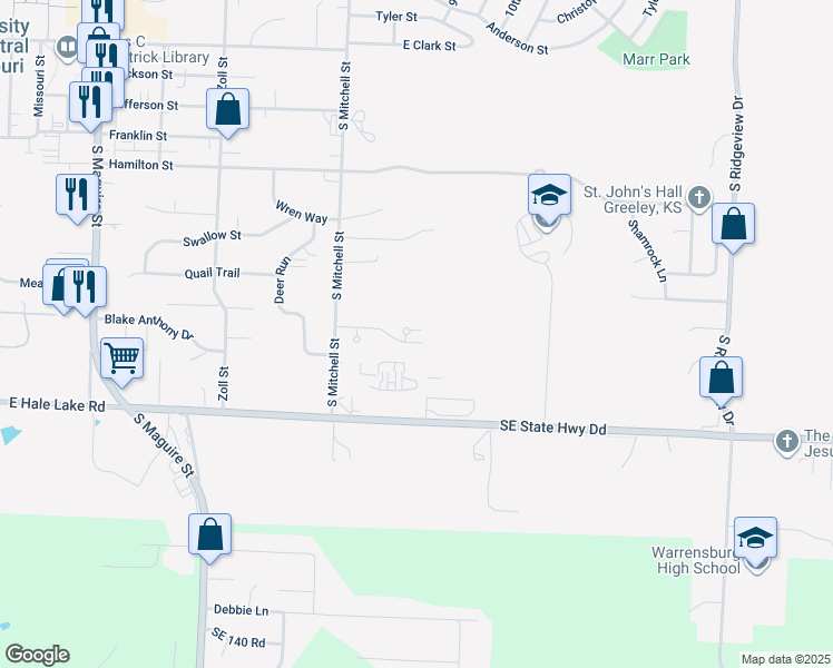 map of restaurants, bars, coffee shops, grocery stores, and more near 1002 Juniper Court in Warrensburg