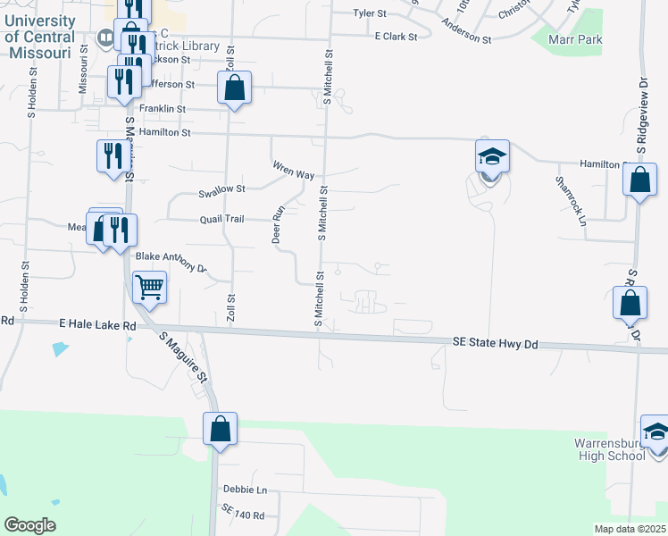 map of restaurants, bars, coffee shops, grocery stores, and more near 705 Cedar Drive in Warrensburg