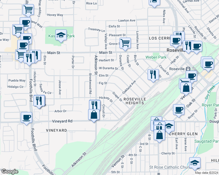 map of restaurants, bars, coffee shops, grocery stores, and more near 240 Grape Street in Roseville