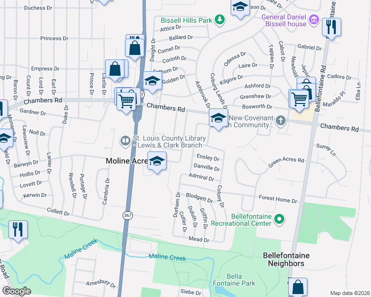 map of restaurants, bars, coffee shops, grocery stores, and more near 9935 Northampton Drive in St. Louis