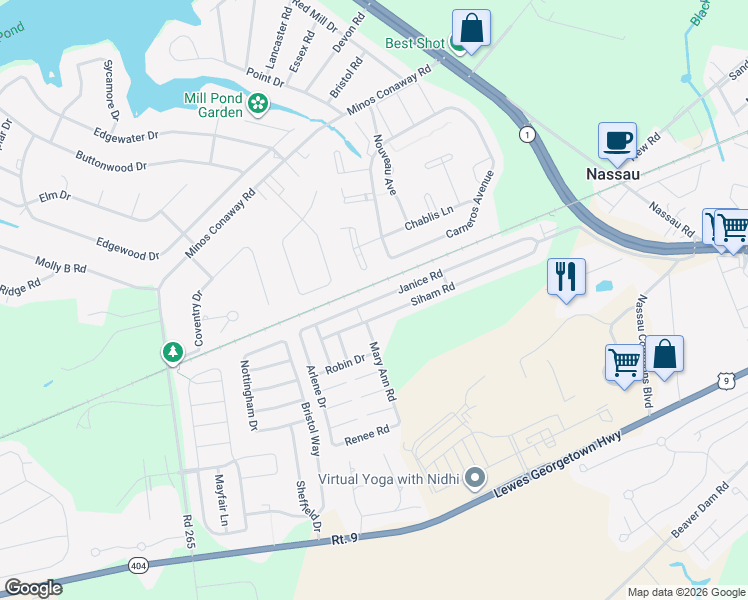 map of restaurants, bars, coffee shops, grocery stores, and more near 31631 Janice Road in Lewes