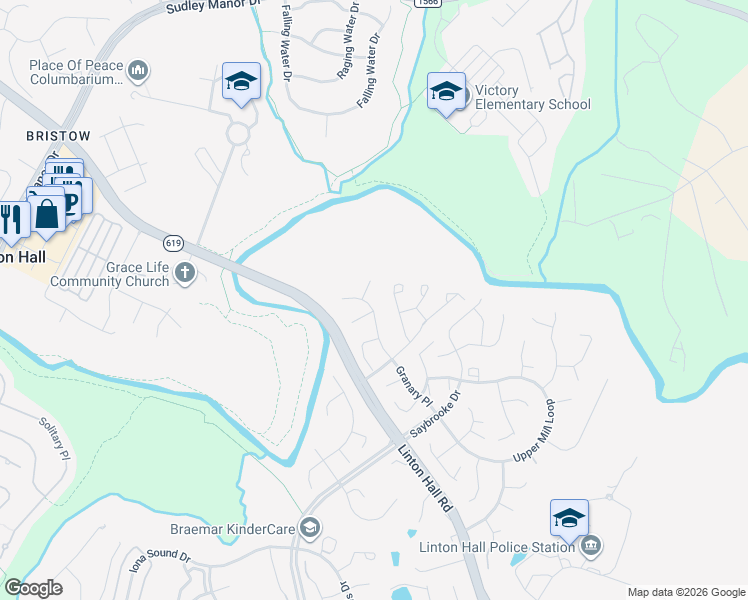 map of restaurants, bars, coffee shops, grocery stores, and more near 9685 Granary Place in Bristow