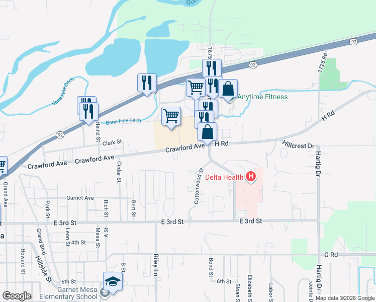 map of restaurants, bars, coffee shops, grocery stores, and more near 1308 Crawford Avenue in Delta