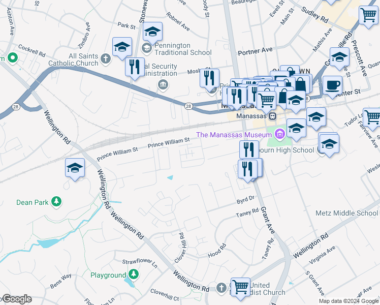map of restaurants, bars, coffee shops, grocery stores, and more near 9324 Woodlea Court in Manassas