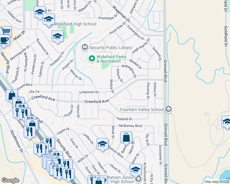map of restaurants, bars, coffee shops, grocery stores, and more near 935 Lindstrom Drive in Colorado Springs