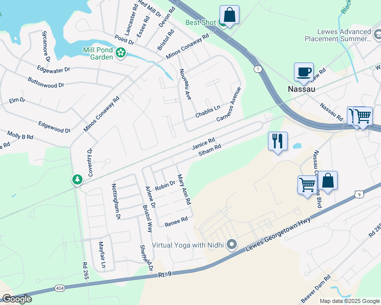 map of restaurants, bars, coffee shops, grocery stores, and more near 32045 Janice Road in Lewes