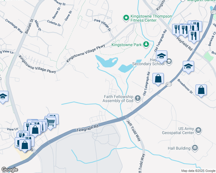 map of restaurants, bars, coffee shops, grocery stores, and more near 7770 Belvale Drive in Franconia