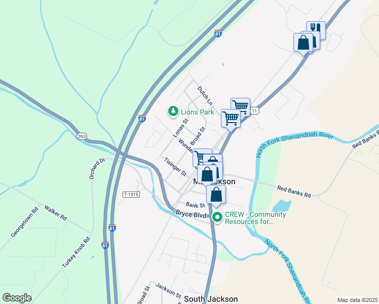 map of restaurants, bars, coffee shops, grocery stores, and more near 5942 Broad Street in Mount Jackson