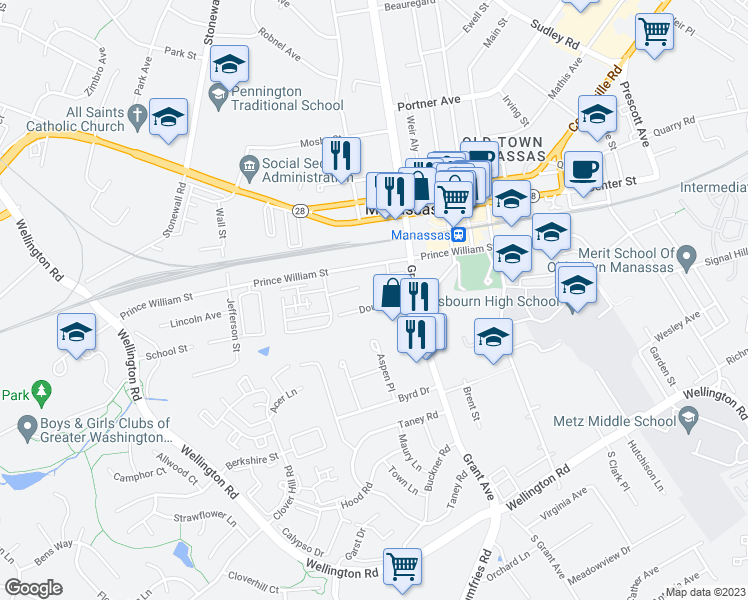 map of restaurants, bars, coffee shops, grocery stores, and more near 9210 Douglas Street in Manassas