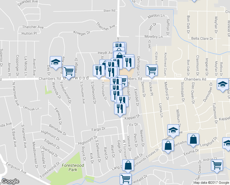 map of restaurants, bars, coffee shops, grocery stores, and more near 9951 W Florissant Ave in St Louis