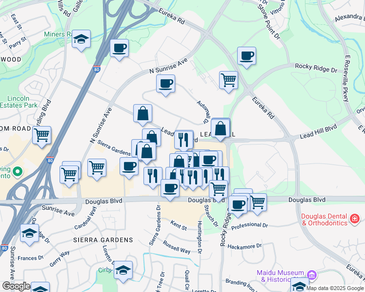 map of restaurants, bars, coffee shops, grocery stores, and more near 1400 Lead Hill Boulevard in Roseville