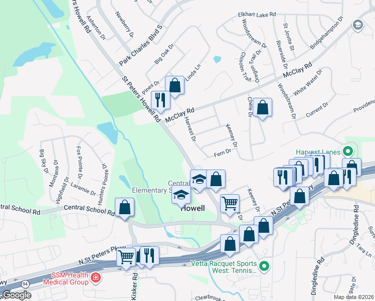 map of restaurants, bars, coffee shops, grocery stores, and more near 522 Saint Peters Howell Road in Saint Charles