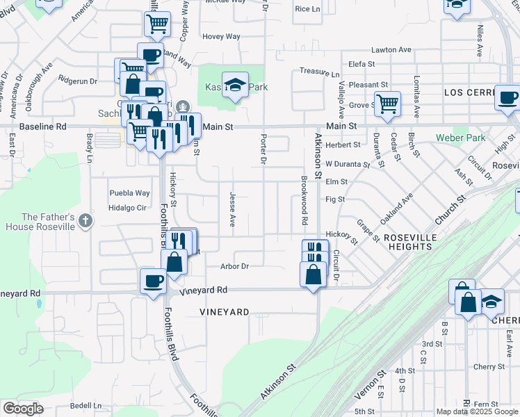 map of restaurants, bars, coffee shops, grocery stores, and more near 314 Porter Drive in Roseville
