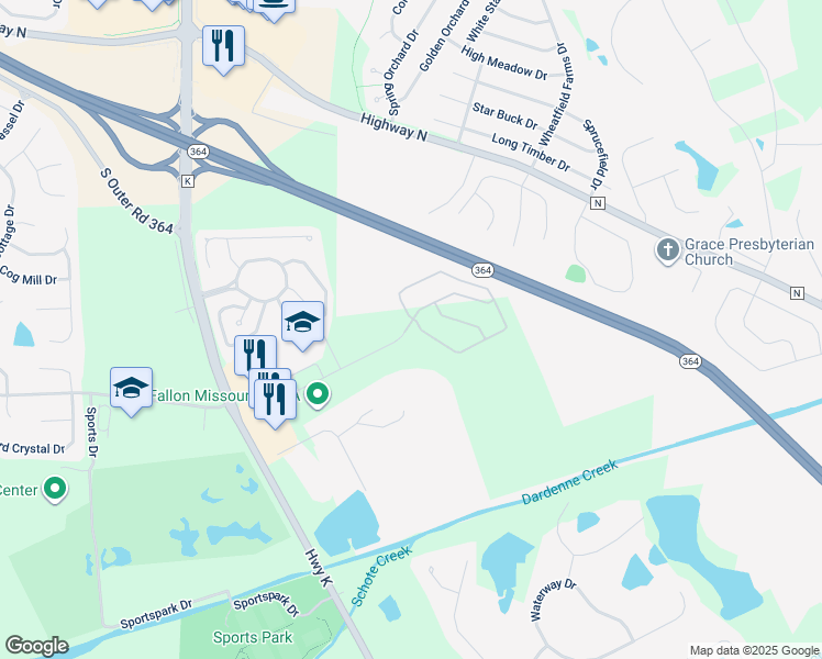 map of restaurants, bars, coffee shops, grocery stores, and more near 1 Prairie Point in O'Fallon