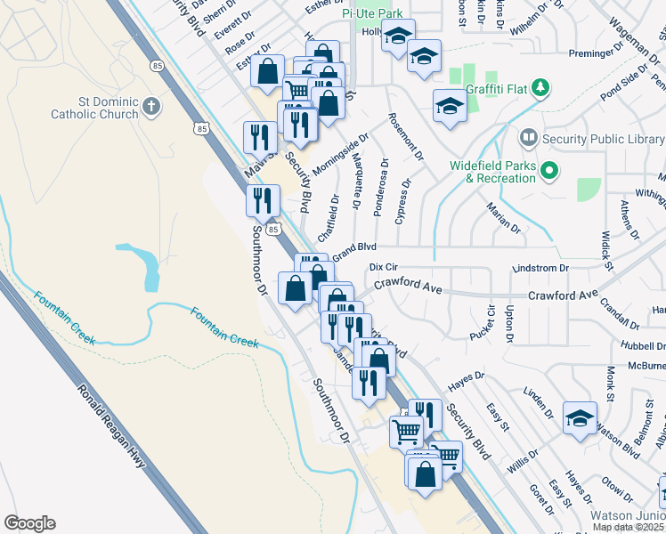 map of restaurants, bars, coffee shops, grocery stores, and more near 111 Grand Boulevard in Colorado Springs