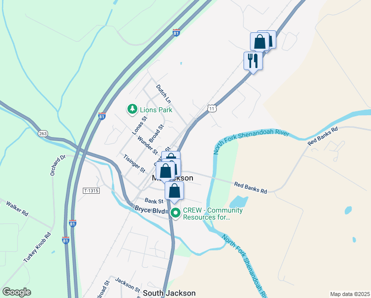 map of restaurants, bars, coffee shops, grocery stores, and more near 5880 Main Street in Mount Jackson