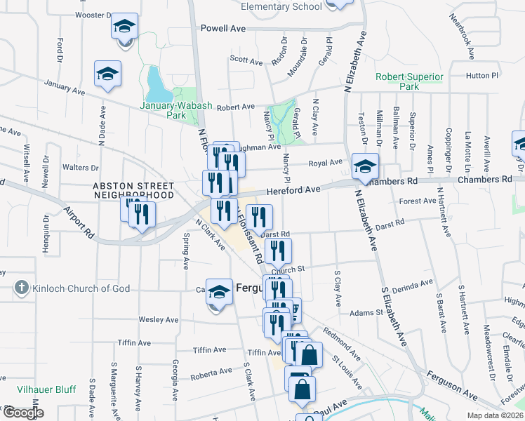 map of restaurants, bars, coffee shops, grocery stores, and more near 133 Adelle Avenue in Ferguson