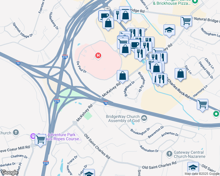map of restaurants, bars, coffee shops, grocery stores, and more near 3393 McKelvey Road in Bridgeton