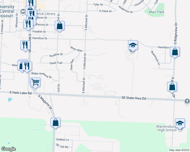 map of restaurants, bars, coffee shops, grocery stores, and more near 1002 Juniper Court in Warrensburg