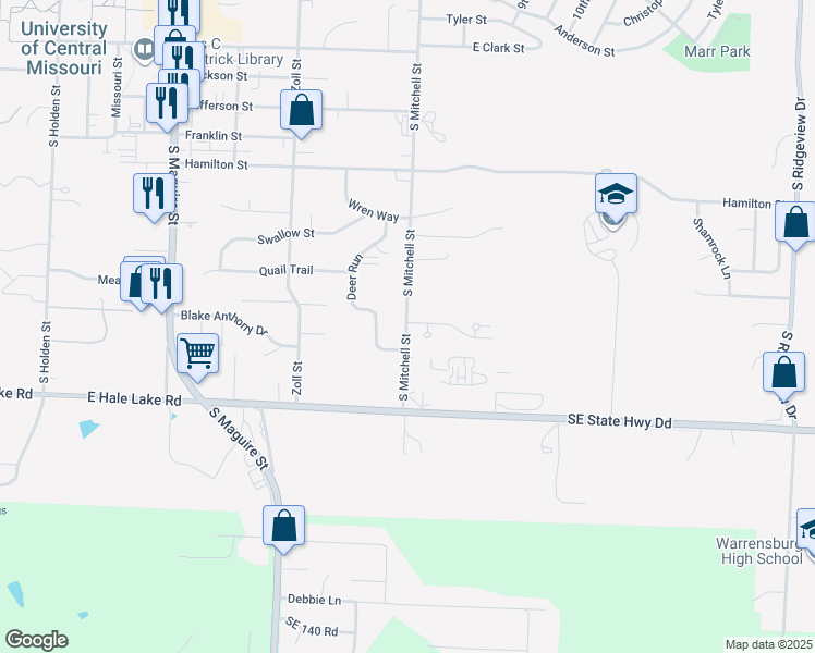 map of restaurants, bars, coffee shops, grocery stores, and more near 1102 Pine Court in Warrensburg