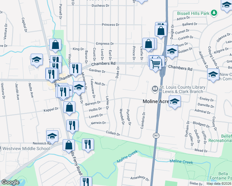 map of restaurants, bars, coffee shops, grocery stores, and more near 9916 Duke Drive in St. Louis