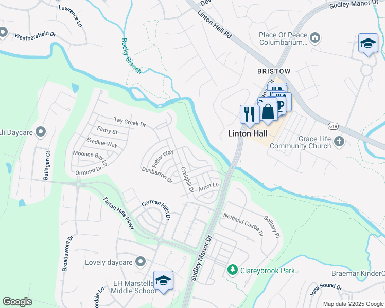 map of restaurants, bars, coffee shops, grocery stores, and more near 12054 Rutherglen Place in Bristow