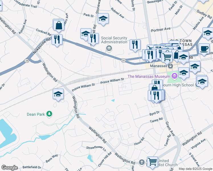 map of restaurants, bars, coffee shops, grocery stores, and more near 9415 Prince William Street in Manassas