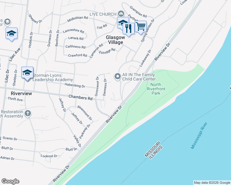 map of restaurants, bars, coffee shops, grocery stores, and more near 718 Lookaway Drive in St. Louis