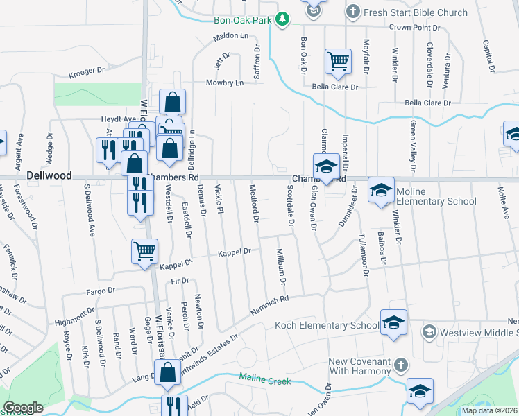 map of restaurants, bars, coffee shops, grocery stores, and more near 9855 Medford Drive in St. Louis