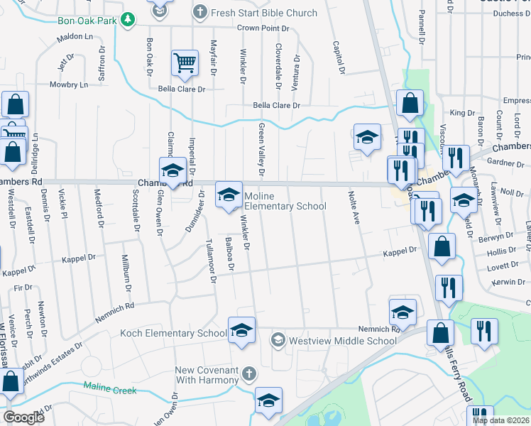 map of restaurants, bars, coffee shops, grocery stores, and more near 9850 Green Valley Drive in St. Louis
