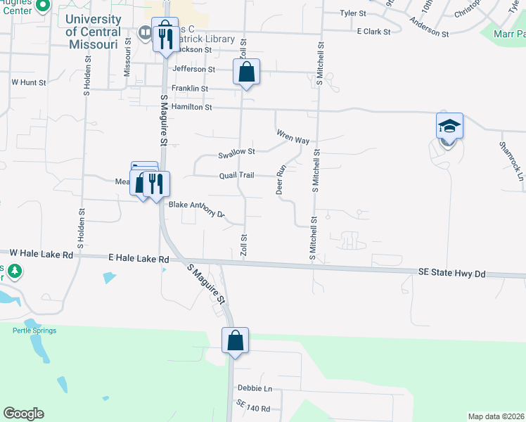 map of restaurants, bars, coffee shops, grocery stores, and more near 505 Mallory Court in Warrensburg