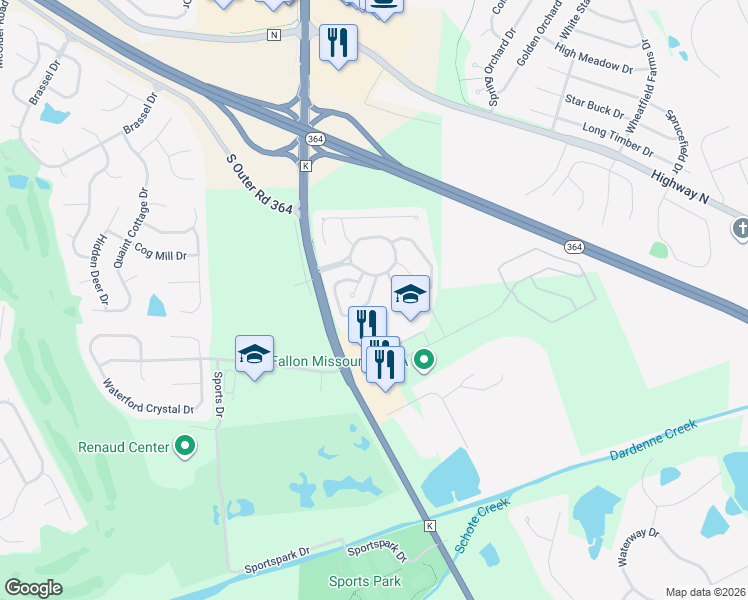 map of restaurants, bars, coffee shops, grocery stores, and more near 107 Lamplighter Way in O'Fallon
