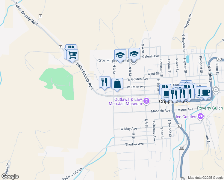 map of restaurants, bars, coffee shops, grocery stores, and more near 400 West Eaton Avenue in Cripple Creek