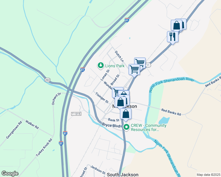 map of restaurants, bars, coffee shops, grocery stores, and more near 5942 Broad Street in Mount Jackson