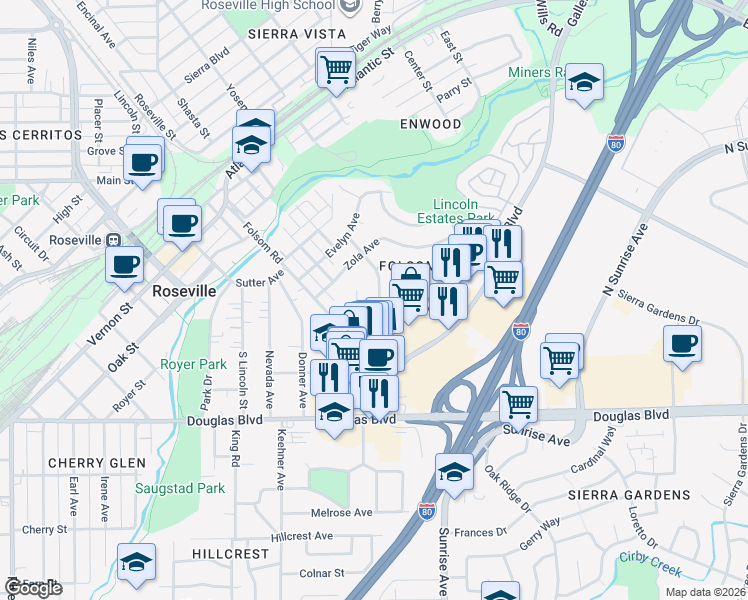 map of restaurants, bars, coffee shops, grocery stores, and more near 109 Estates Drive in Roseville
