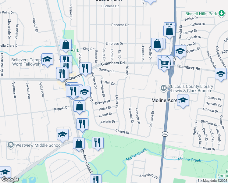 map of restaurants, bars, coffee shops, grocery stores, and more near 9919 Lanier Drive in St. Louis
