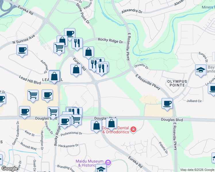map of restaurants, bars, coffee shops, grocery stores, and more near 1630 Lead Hill Boulevard in Roseville