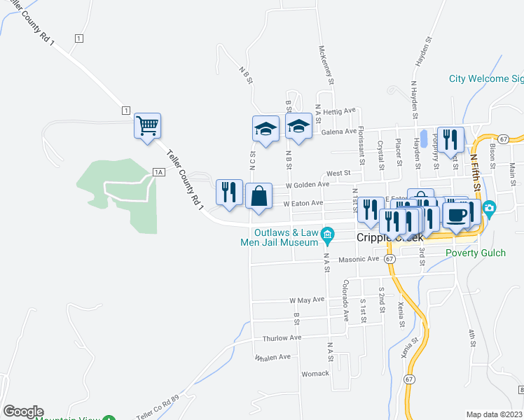 map of restaurants, bars, coffee shops, grocery stores, and more near 338 West Eaton Avenue in Cripple Creek