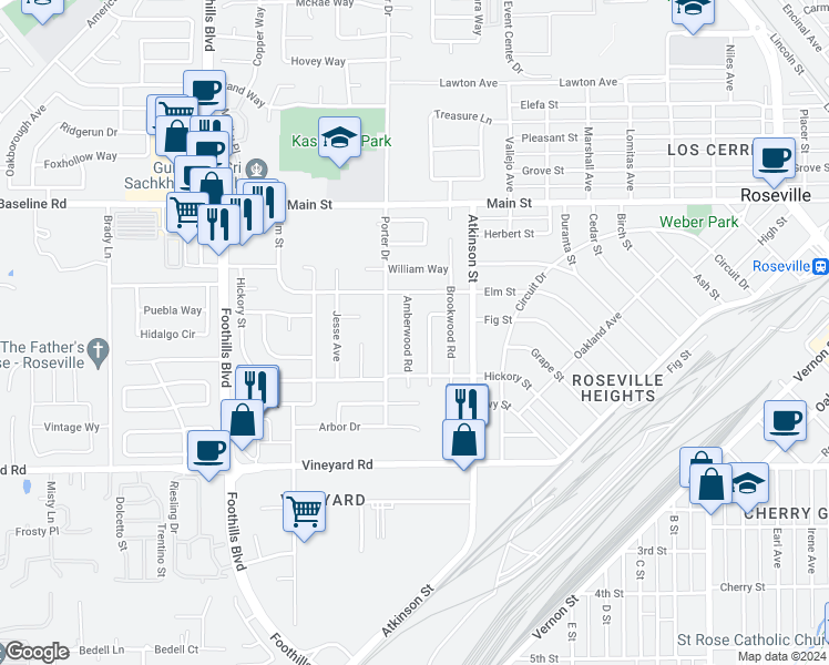 map of restaurants, bars, coffee shops, grocery stores, and more near 313 Amberwood Road in Roseville