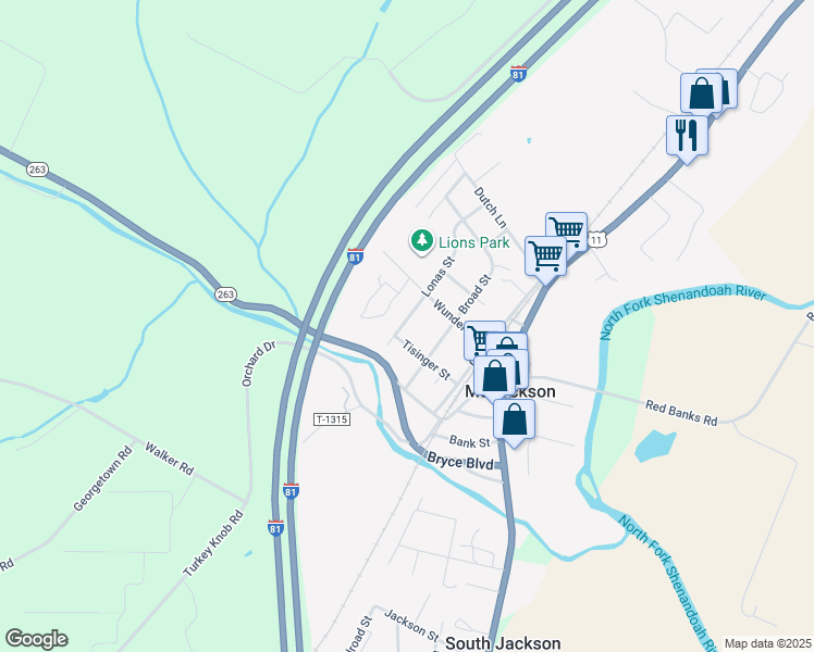 map of restaurants, bars, coffee shops, grocery stores, and more near 5982 Lonas Street in Mount Jackson