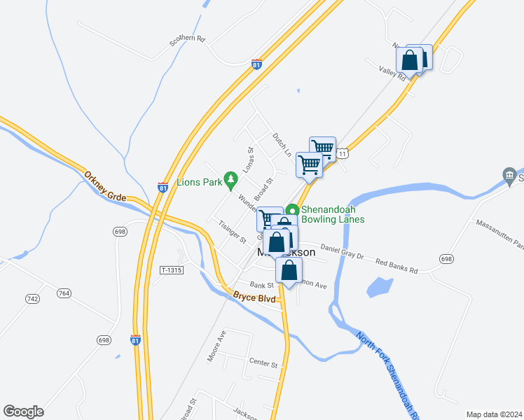 map of restaurants, bars, coffee shops, grocery stores, and more near 230 Wunder Street in Mount Jackson