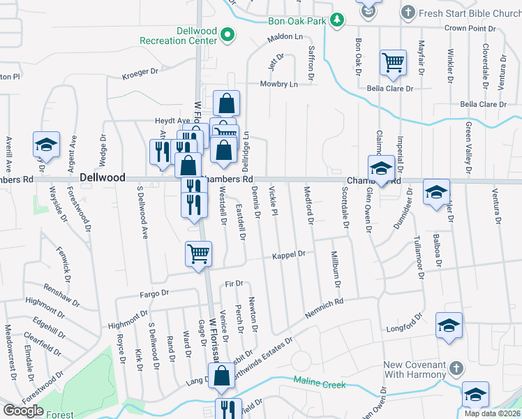 map of restaurants, bars, coffee shops, grocery stores, and more near 9850 Dennis Drive in St. Louis