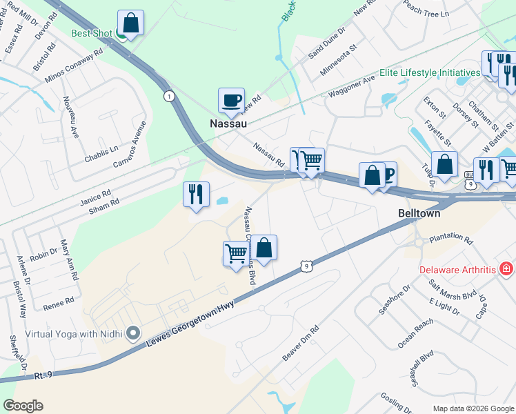 map of restaurants, bars, coffee shops, grocery stores, and more near 17493 Nassau Commons Boulevard in Lewes
